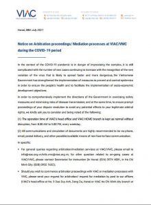 Notice on Arbitration proceedings/ Mediation processes at VIAC/VMC during the COVID-19 period 