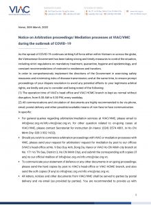 Notice on Arbitration proceedings/ Mediation processes at VIAC/VMC during the outbreak of COVID-19