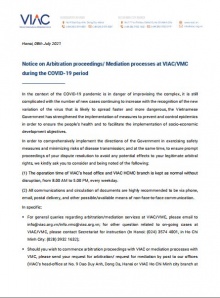 Notice on Arbitration proceedings/ Mediation processes at VIAC/VMC during the COVID-19 period 