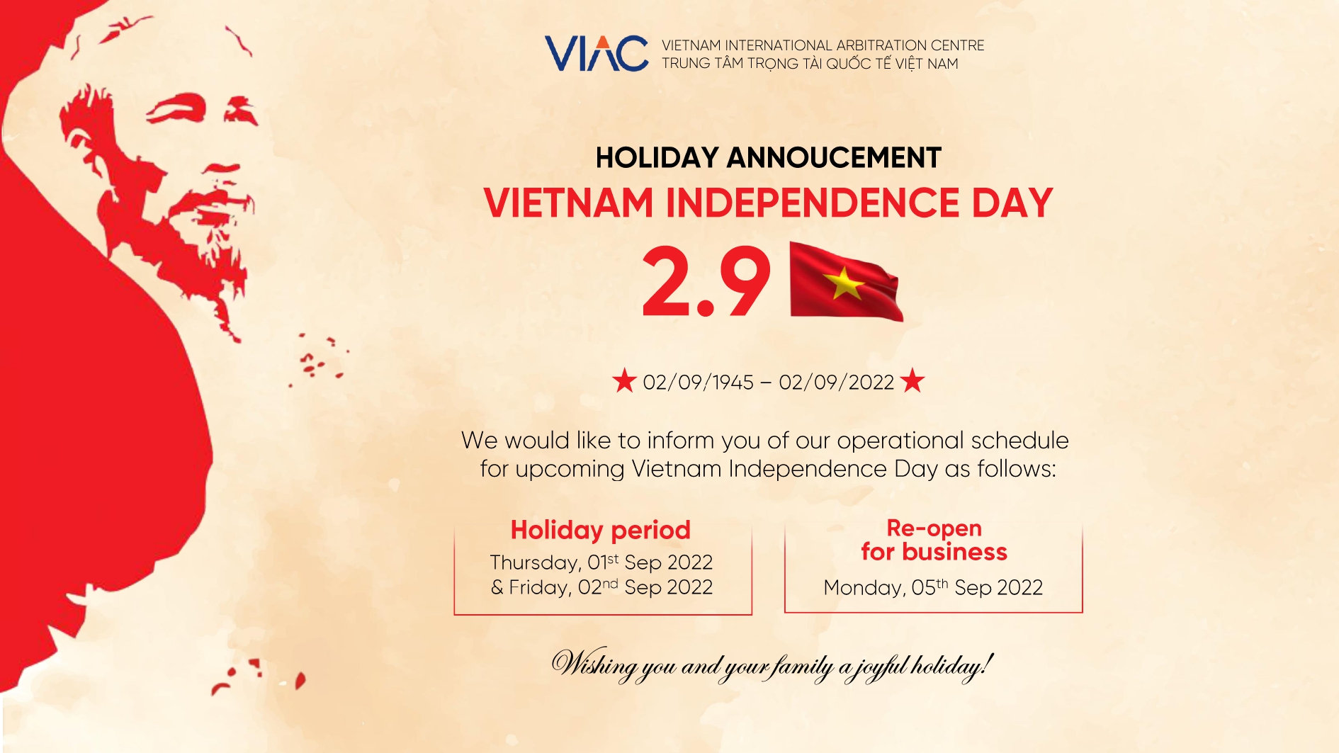 Holiday annoucement for Vietnam Independence Day
