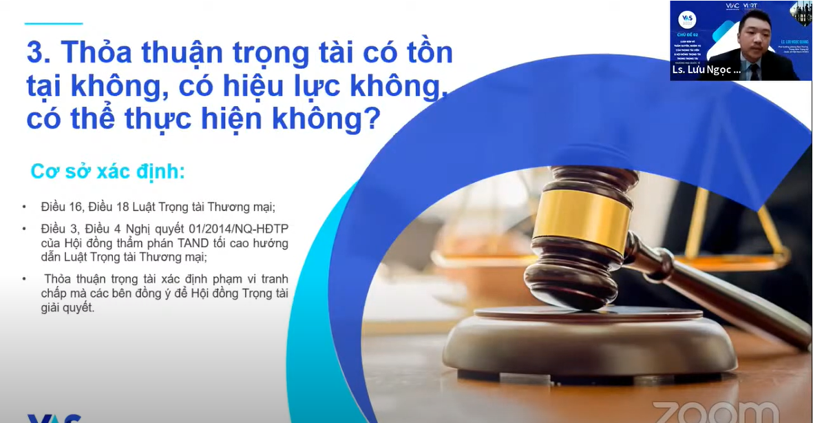 Ls. Lưu Ngọc Quang thực hiện thảo luận về thực tiễn áp dụng về thẩm quyền, nhiệm vụ của Trọng tài viên và Hội đồng trọng tài tại Trung tâm trọng tài quốc tế Việt Nam